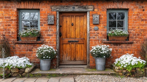Rustic Charm  A Brick Cottage Entrance Adorned with Blooming White Flowers
