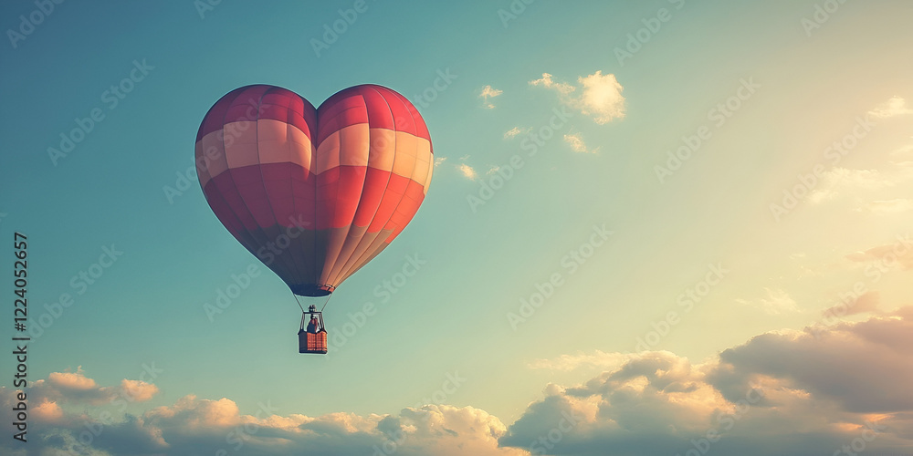 Fototapeta premium Hot Air Balloon Flying with a Heart-Shaped Balloon in the Sky