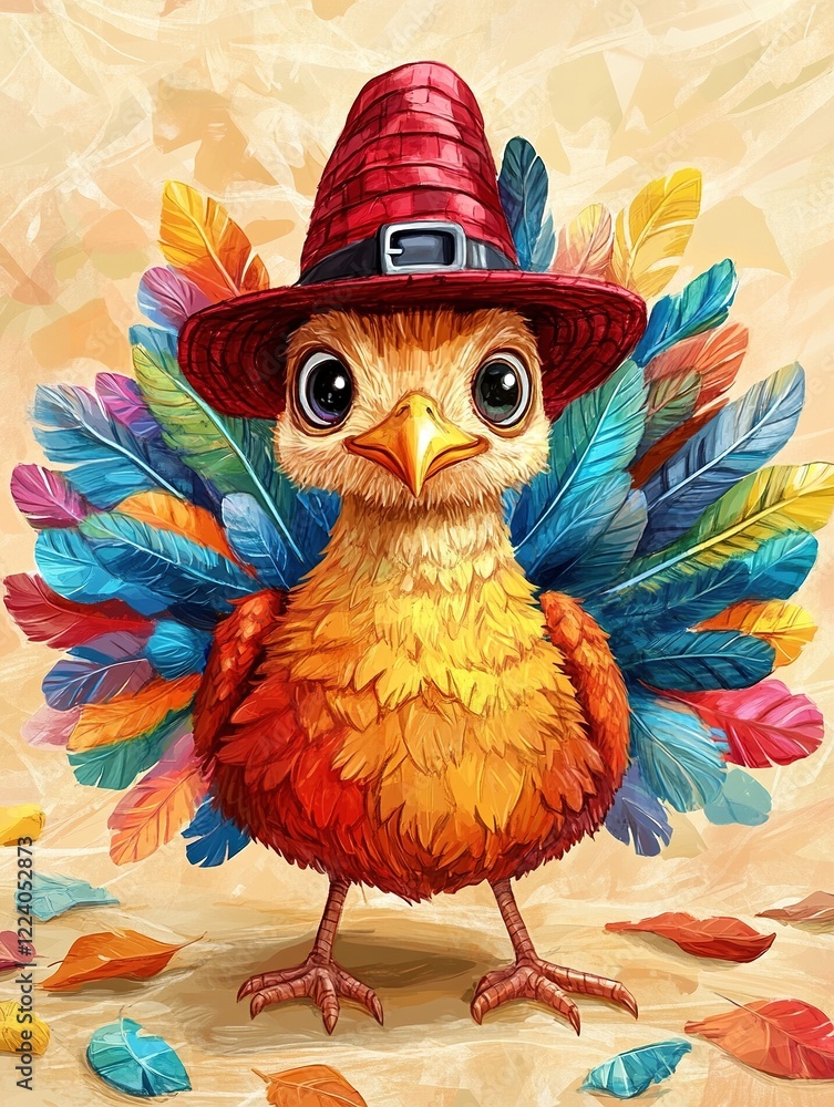 Naklejka premium Colorful Turkey Chick Autumn Hat Festive Fall Greeting Card