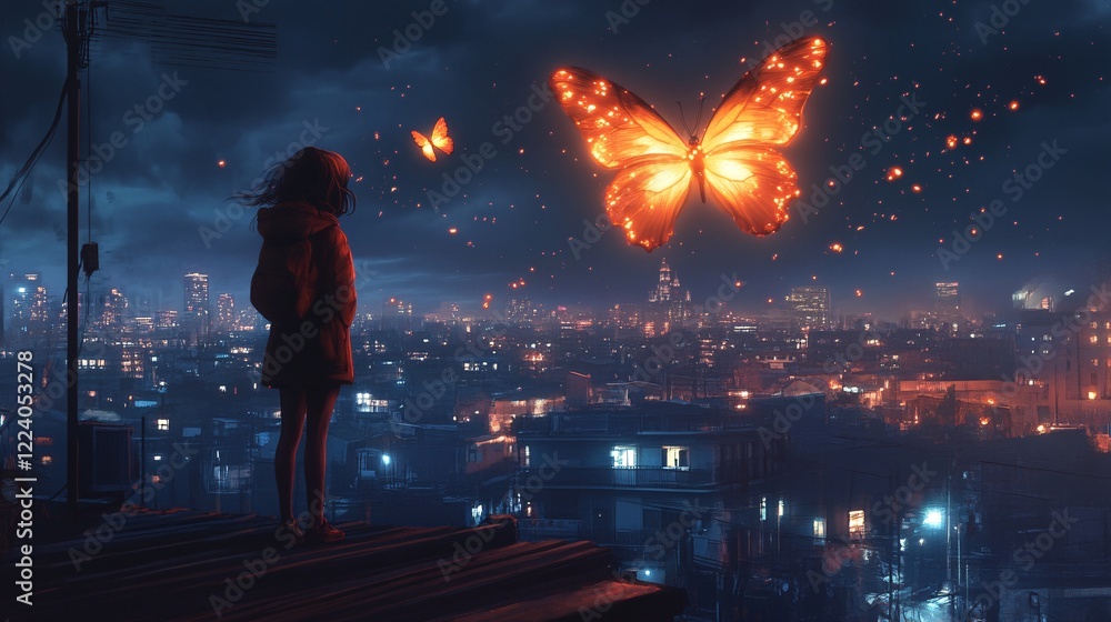 Fototapeta premium Enchanted Night: A Young Girl Gazes at a Magical Cityscape Filled with Glowing Butterflies Under a Starry Sky, Evoking Wonder and Imagination