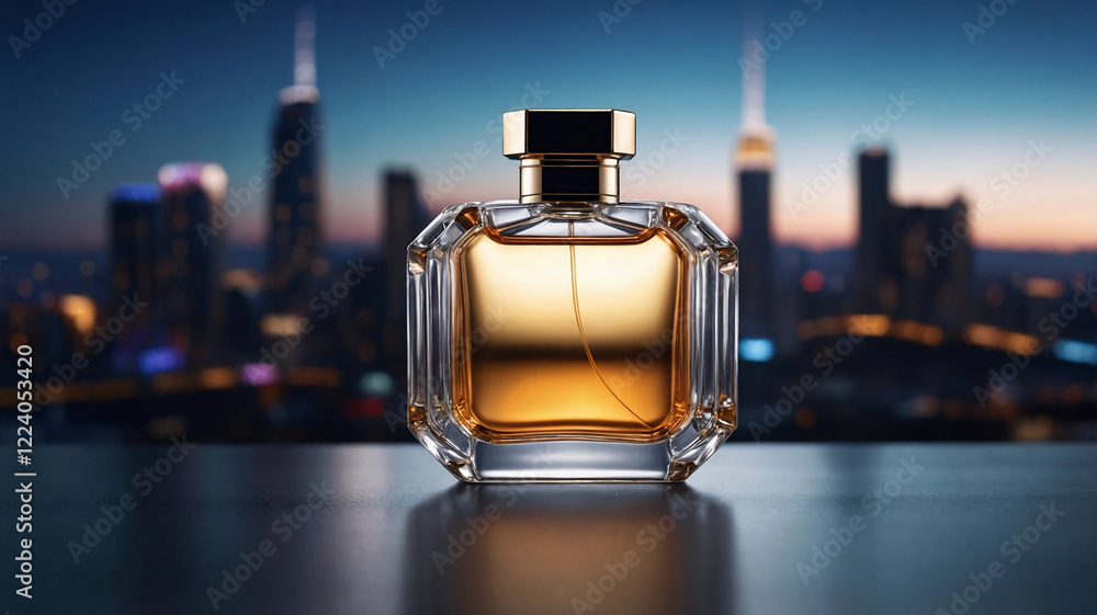 Sleek and minimalist glass perfume bottle on a display table with soft city bokeh lights in the background creating a sense of high end elegance perfume commercial advertisement display Sleek and minimalist glass perfume bottle on a display table with soft city bokeh lights in the background creating a sense of high end elegance perfume commercial advertisement display