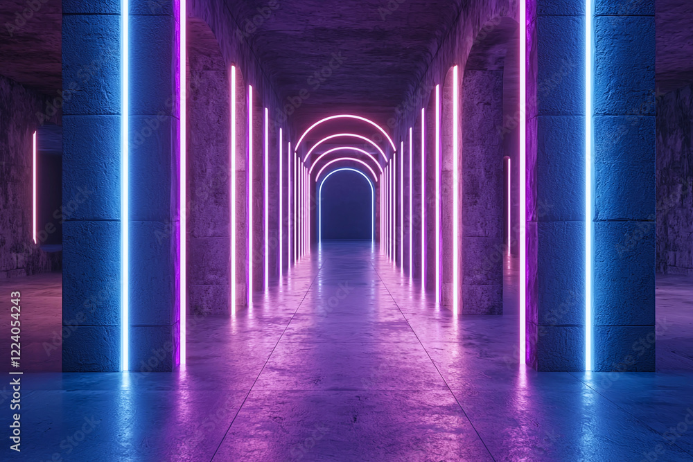 Fototapeta premium Abstract symmetrical designs with neon hues, kaleidoscopic fractals and futuristic geometry