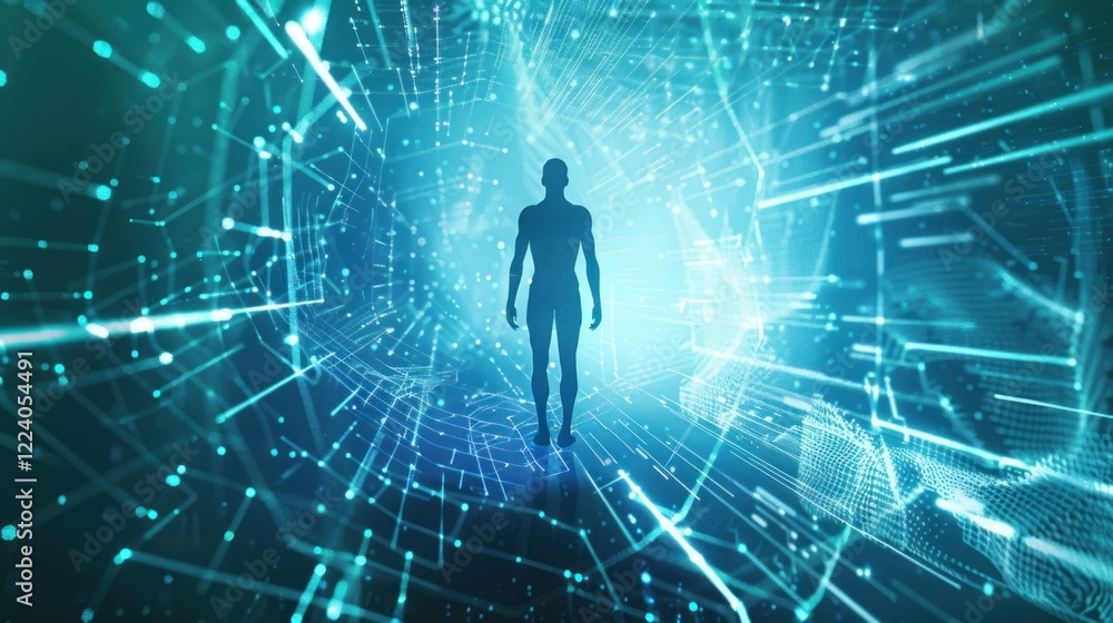 Man walks digital tunnel, data streams, futuristic background, tech concept Man walks digital tunnel, data streams, futuristic background, tech concept