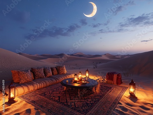 Desert Night Scene with Romantic Seating and Lanterns photo