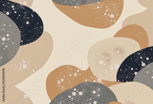 ミュートトーンの抽象アート、ベージュ、ライトグレー、淡いセージ、チャコール、テラコッタ、有機的な形、ミニマリスト、日本のスカンジナビア、穏やか、テクスチャ、モダン。
