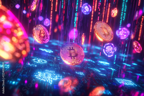 Glowing Bitcoin coins falling like rain in a futuristic digital world, cryptocurrency, blockchain, and the digital revolution