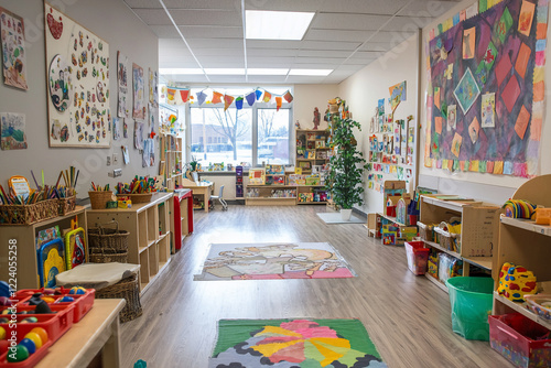 Bright and colorful preschool classroom filled with educational materials and playful decorations