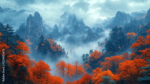 Autumnal Mountain Majesty: A Misty Enchantment in Vibrant Hues