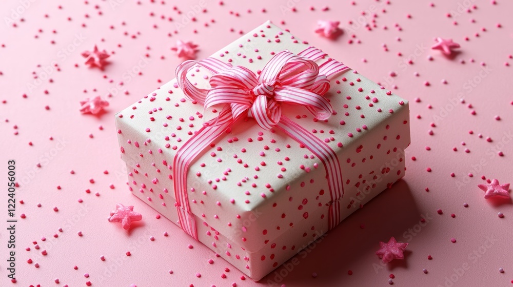 Obraz premium Pink gift box with ribbon, sprinkles, stars; celebration background