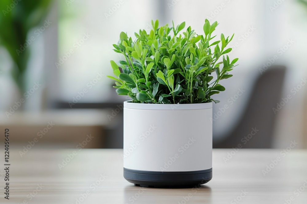 Smart Home Devices Concepts. Potted plant with vibrant green leaves on a wooden table. Smart Home Devices Concepts. Potted plant with vibrant green leaves on a wooden table.
