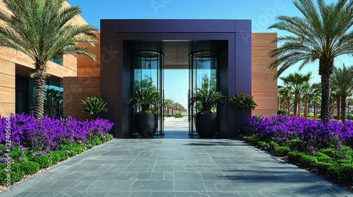 Luxury Resort Entrance: Palm Trees, Purple Flowers, Modern Architecture