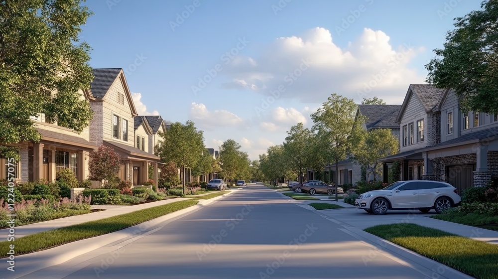Cozy suburban neighborhood with tree-lined streets, single-family homes, and inviting ambiance Cozy suburban neighborhood with tree-lined streets, single-family homes, and inviting ambiance