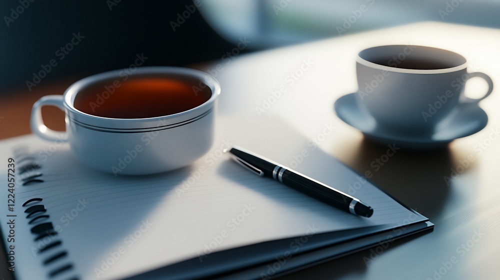 Serene Workspace: Tea, Notebook, and Pen Serene Workspace: Tea, Notebook, and Pen