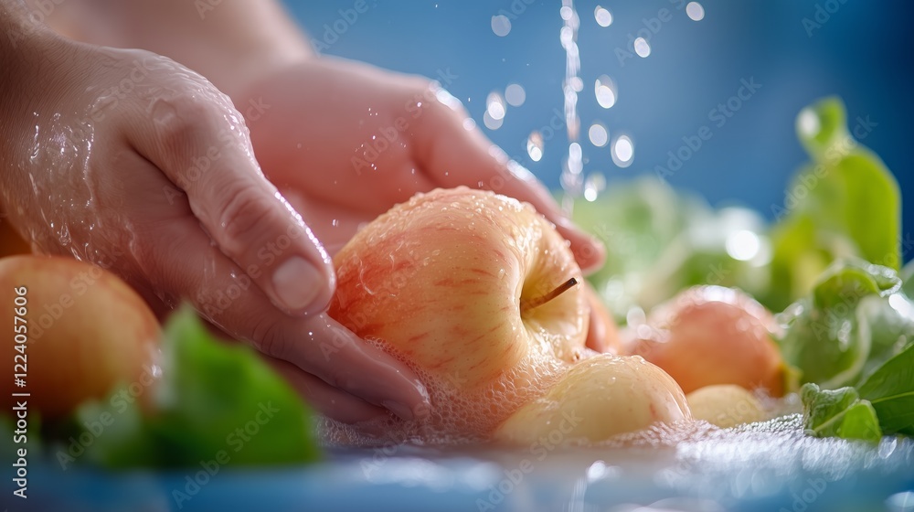 Fototapeta premium Hands rinsing a fresh apple underwater.