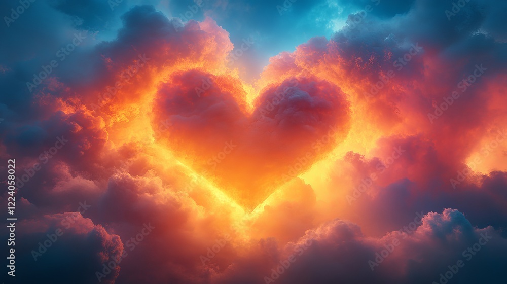 Vibrant colorful valentine's day heart in dreamy clouds, hyper-realistic abstract scene