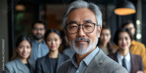 Portrait of a senior Asian businessman with eyeglasses standing in front of a multiethnic business team, generative AI