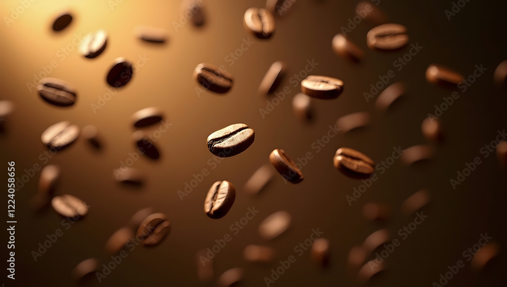 Macro of premium coffee beans spread flying in the air, food and drink. Design for advertising media, marketing, backgrounds, coffee shops, banners. Macro of premium coffee beans spread flying in the air, food and drink. Design for advertising media, marketing, backgrounds, coffee shops, banners.
