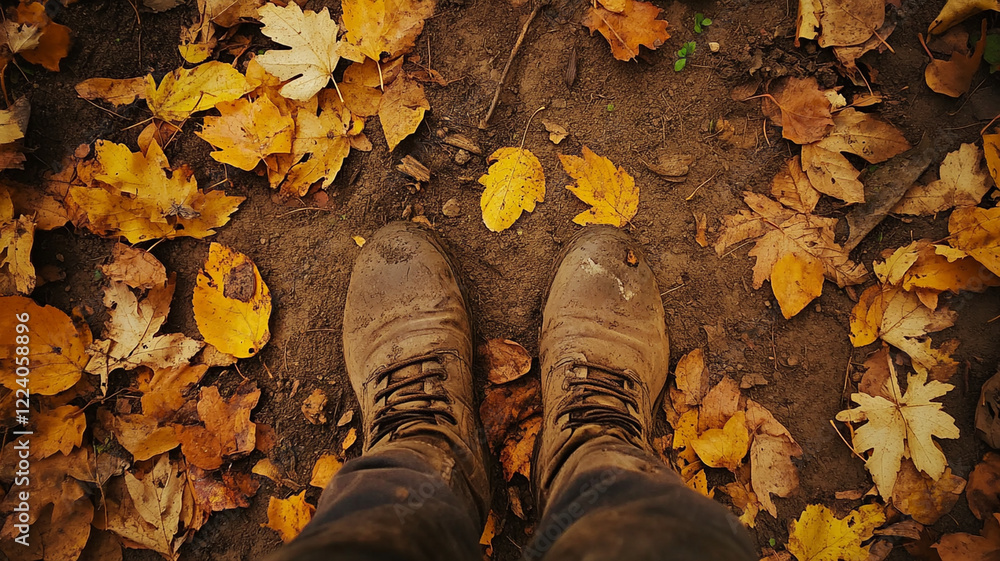 Feet on leaf covered trail in autumn, surrounded by yellow leaves Feet on leaf covered trail in autumn, surrounded by yellow leaves