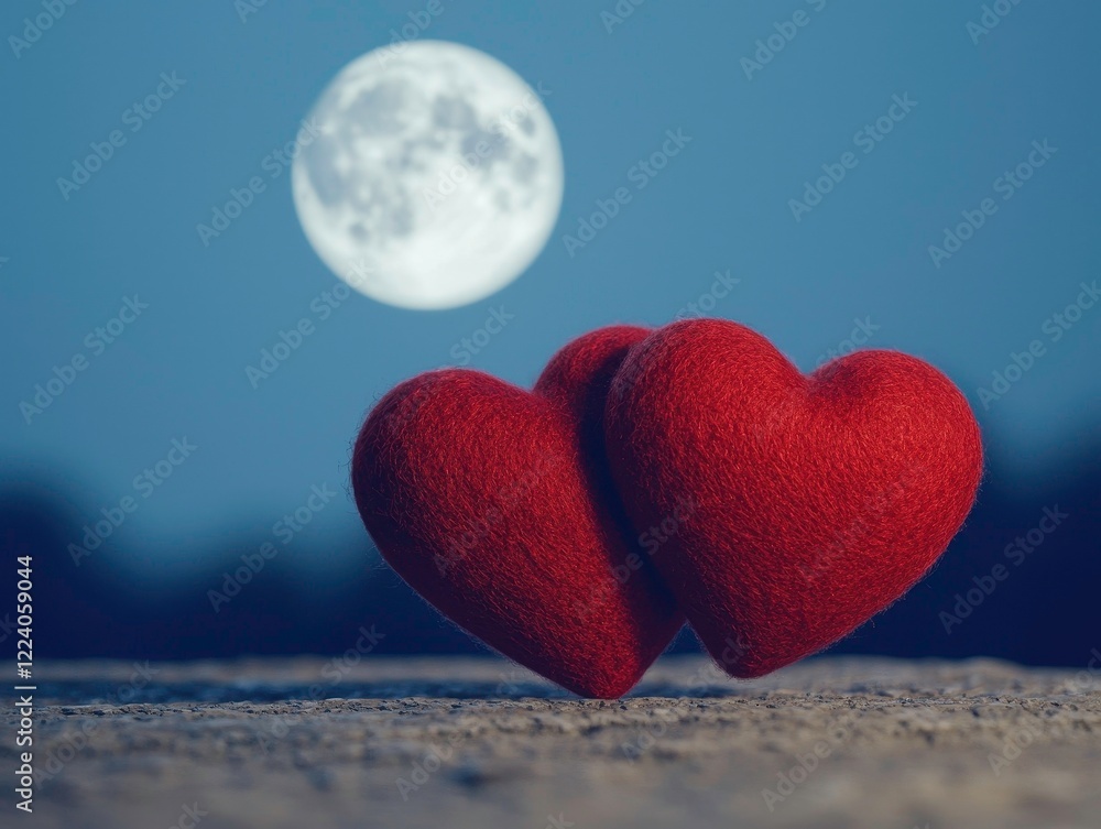 Fototapeta premium Two red hearts create a romantic scene against a backdrop of a bright full moon, evoking love and tranquility.