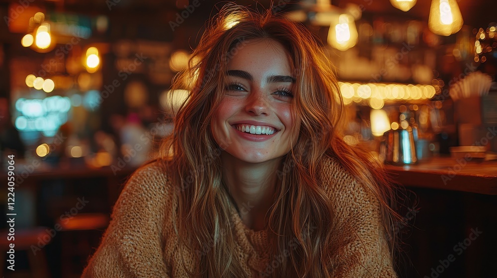 custom made wallpaper toronto digitalSmiling woman cafe, evening lights, bokeh background, lifestyle