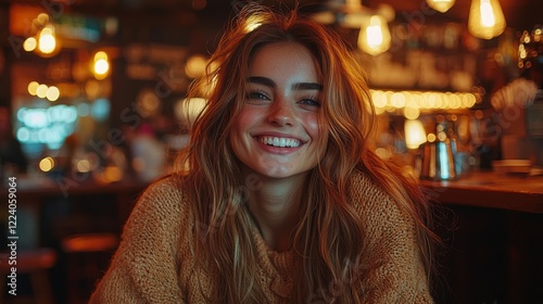 Wallpaper Mural Smiling woman cafe, evening lights, bokeh background, lifestyle Torontodigital.ca