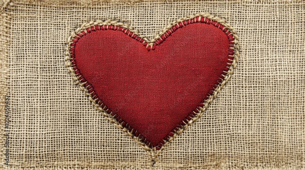 A red heart with detailed stitching, symbolizing handmade love, placed on rustic burlap fabric. A red heart with detailed stitching, symbolizing handmade love, placed on rustic burlap fabric.
