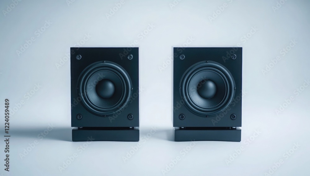 Two small black speakers in the shape of cubes with visible speaker components facing each other on a white background Two small black speakers in the shape of cubes with visible speaker components facing each other on a white background