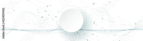 Vector illustration abstract modern technology design. White circle, geometric shape, wave wireframe line pattern and circuit board on white - grey background. Technology concept for banner, template