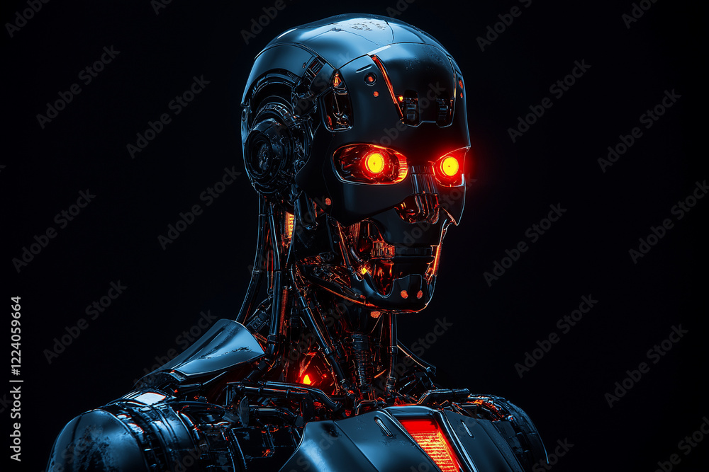 A sleek black futuristic robot radiating a fiery aura, combining advanced technology with a menacing, powerful presence. A sleek black futuristic robot radiating a fiery aura, combining advanced technology with a menacing, powerful presence.