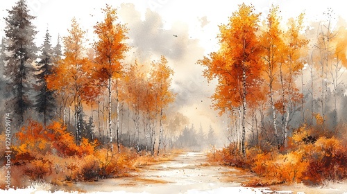 Autumnal Serenity: A Watercolor Landscape of Golden Trees and Tranquil Water