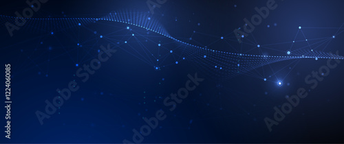 Vector illustration abstract technology with molecule, Flowing dot particle wave flow line, wireframe and dot on blue background. Datum technology network, science, artificial intelligence concept