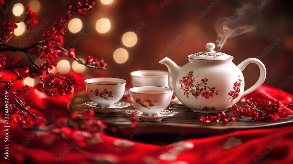 Fototapeta premium Festive Chinese Tea Set with Bokeh Background