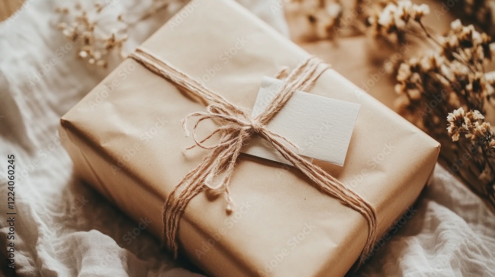 Wrapped gift box, tied with twine, on linen cloth, with dried flowers Wrapped gift box, tied with twine, on linen cloth, with dried flowers