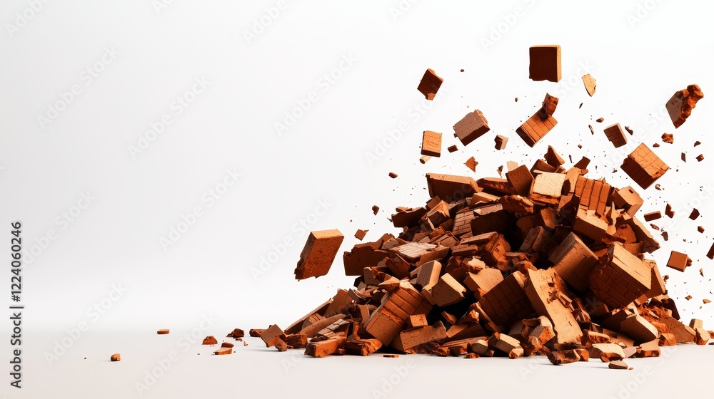 Fototapeta premium Wrecked building debris with crumbled bricks and bent steel bars, isolated on a pristine white background, 3D render, ultra-detailed textures