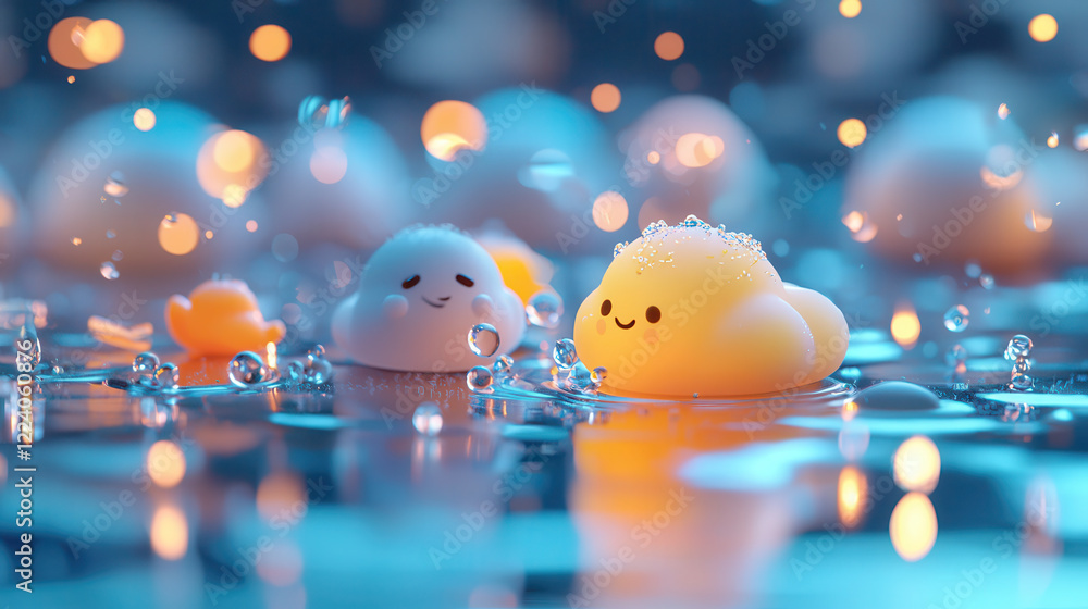 Cute weather themed characters with sense of sadness, surrounded by water droplets and soft lighting, create whimsical atmosphere