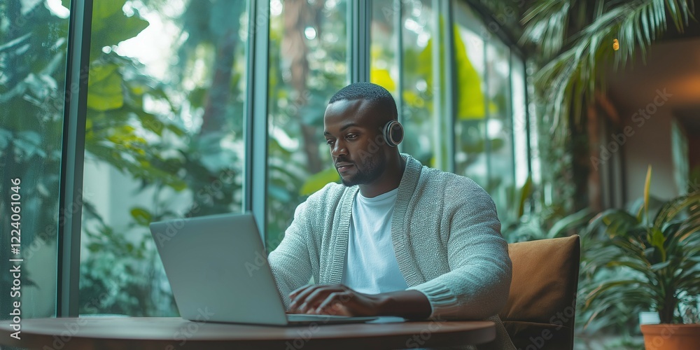Focused Man with Headphones Working on Laptop in a Bright Natural Workspace