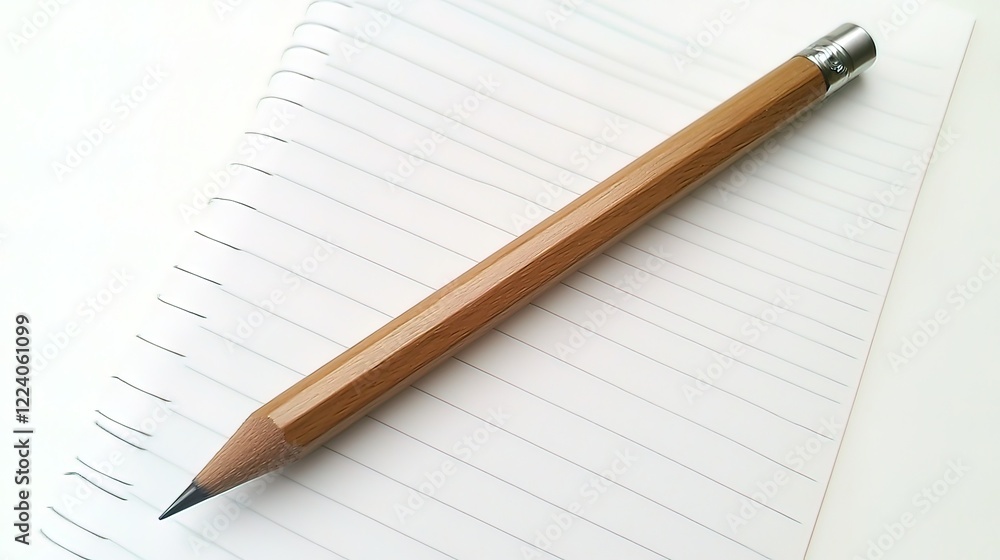 A sharpened wooden pencil rests on a spiral notebook's lined pages. A sharpened wooden pencil rests on a spiral notebook's lined pages.