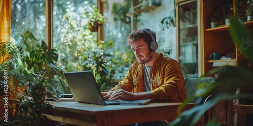 Young Man with Headphones in a Green Workspace Focused on Laptop Work photo