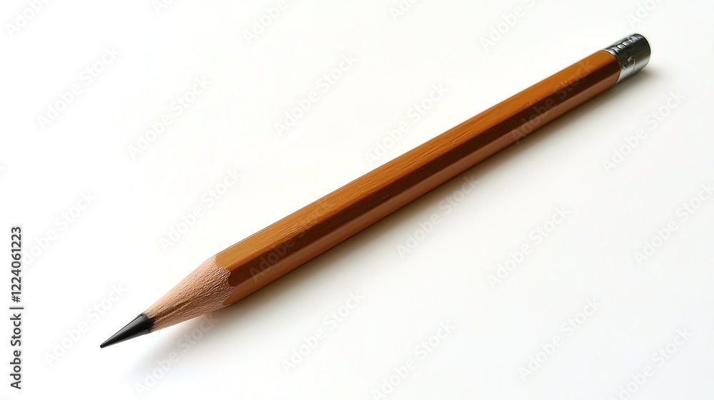 A single, sharpened, yellow 2 pencil lies on a white background. A single, sharpened, yellow 2 pencil lies on a white background.