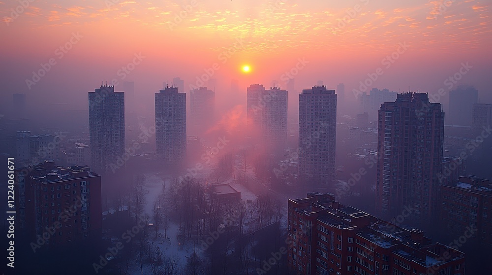 Fototapeta premium Smoky sunrise over city, aerial view