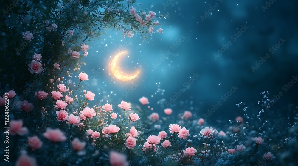 Fototapeta premium Night Garden Scene With Crescent Moon and Pink Roses
