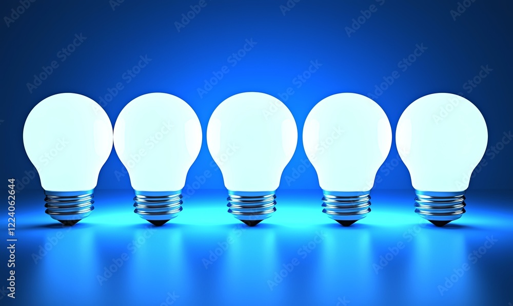 Five glowing lightbulbs on blue background, ideal for innovation or idea concepts Five glowing lightbulbs on blue background, ideal for innovation or idea concepts