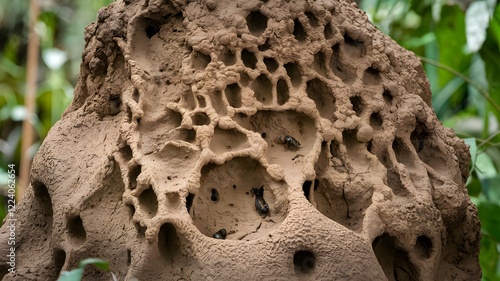 A detailed close up view of a termite mound featuring holes in it photo