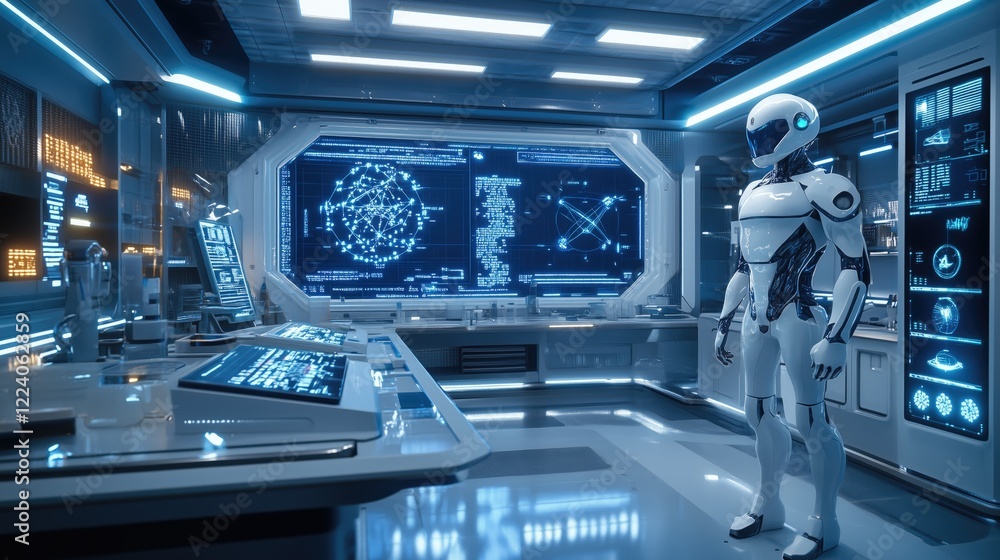 Obraz premium AI Laboratory, Robotics Research, Biotechnology, Holographic Science, Futuristic Innovation