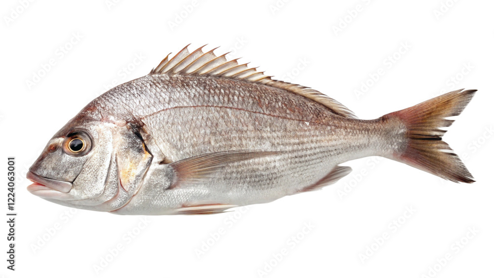 Mediterranean Sea Bream: A detailed close-up of a fresh Mediterranean sea bream, showcasing its silvery scales, reddish-pink hues, and prominent dorsal fin. Mediterranean Sea Bream: A detailed close-up of a fresh Mediterranean sea bream, showcasing its silvery scales, reddish-pink hues, and prominent dorsal fin.