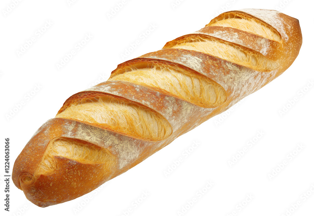 One whole baguette isolated on transparent background, top view One whole baguette isolated on transparent background, top view