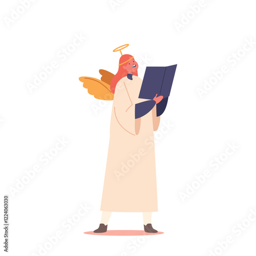 Little Girl Character Dressed As An Angel, Singing Harmoniously In A Choir. Innocent Child Spreading Joy And Melodies