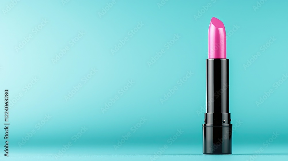 Pink lipstick on blue background; beauty product; minimal design; cosmetic advertisement Pink lipstick on blue background; beauty product; minimal design; cosmetic advertisement