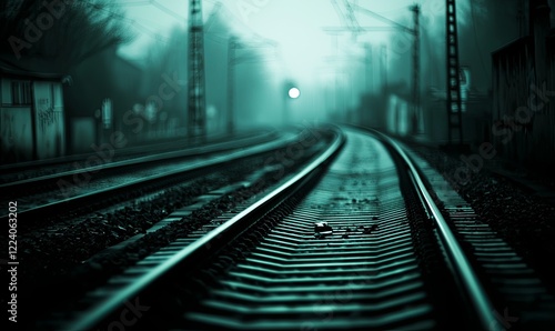 Foggy railway tracks disappearing into the distance at a deserted station
