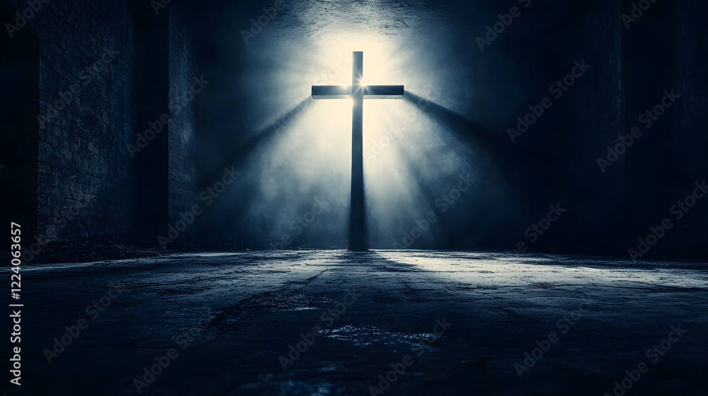 Naklejka premium Cross in Dimly Lit Gothic Setting Emanating Spiritual Mystery and Awe : Generative AI